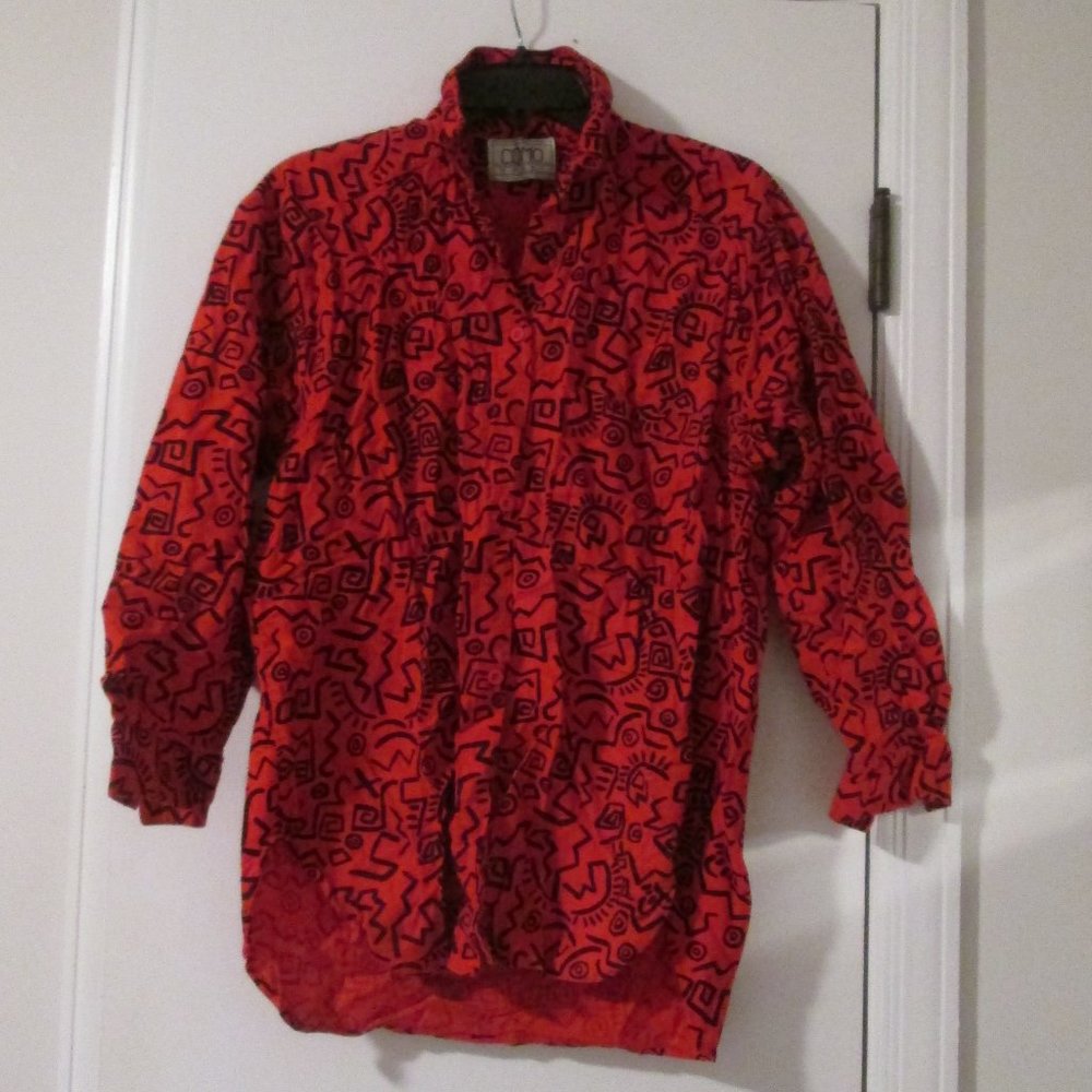 Vintage 80's Bold Red & Black Abstract Print Button Front Soft Flannel Shirt Top
